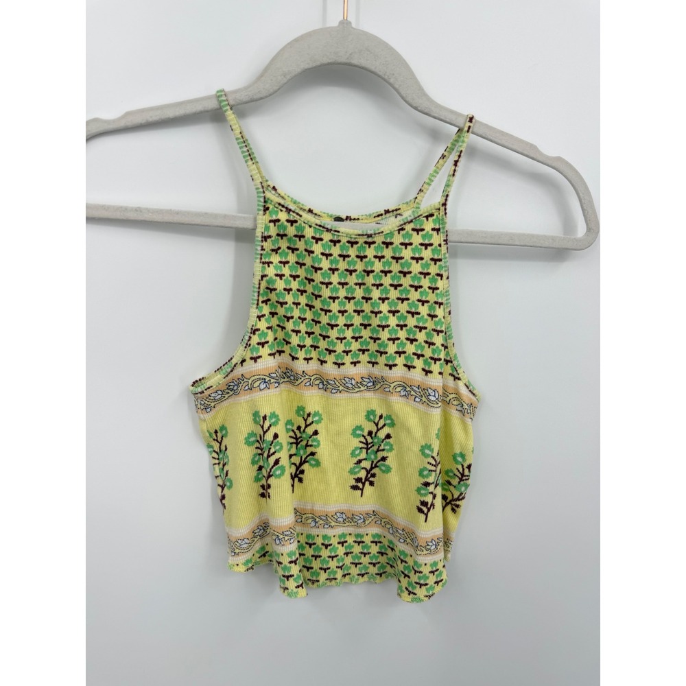 Free People FP One Tank Top Womens XS Yellow Floral Block Print Ribbed Crop Tank